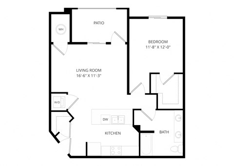 Floor plan for 1 bed, 1 bath, 837 sqft